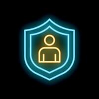 Neon shield protecting stick figure person icon on black background vector