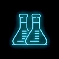 Neon icon of two erlenmeyer flasks glowing blue on black background vector