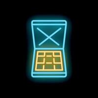 Neon icon of opened powder case with mirror glowing on dark background vector