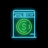 Neon icon of washing machine with dollar coin spinning inside on black background vector