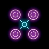 Neon quadcopter drone flying with glowing lights at night vector