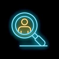 Neon magnifying glass searching for a person icon vector