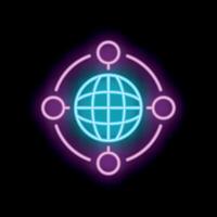 Neon sign representing global network with earth at the center and nodes around vector