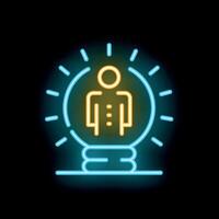 Neon icon of person standing inside light bulb representing idea generation vector