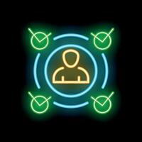 Neon icon of businessman surrounded by check marks representing validation vector