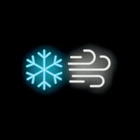 Blue snowflake neon sign with wind blowing effect on black background vector