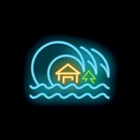 Neon style icon representing tsunami destroying houses and trees vector