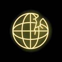 Yellow neon sign showing broken globe on black background vector