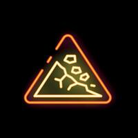 Glowing neon sign of falling rocks warning sign on a black background vector