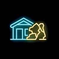 Neon icon of rockslide destroying house representing landslide vector