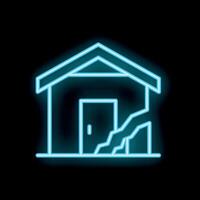 Neon house icon showing earthquake damage with cracks on walls vector