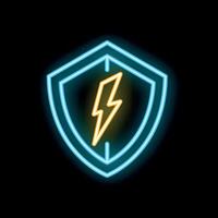 Neon shield protecting from lightning strike on black background vector