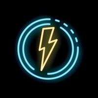 Neon sign representing a lightning bolt inside a circle on a black background vector