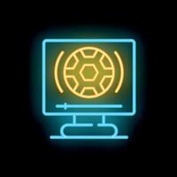 Neon icon of soccer ball displaying on computer monitor screen vector