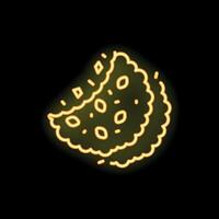 Neon icon of crumbling chocolate chip cookie on black background vector