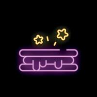 Neon sign of delicious cake with dripping icing and stars on black background vector