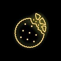 Neon sign of chocolate chip cookie with bite missing on black background vector