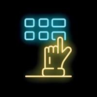 Neon icon of hand pressing button on control panel vector