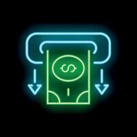Glowing neon atm cash withdraw icon on dark background vector
