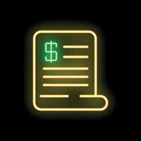 Neon sign representing a financial invoice document with dollar symbol vector