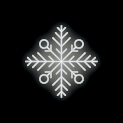 White neon snowflake glowing on black background