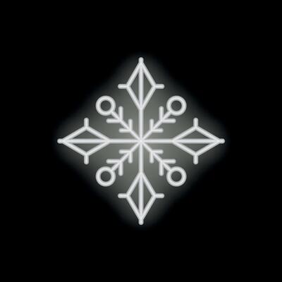 White neon snowflake glowing on black background