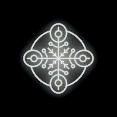 White neon snowflake glowing on black background
