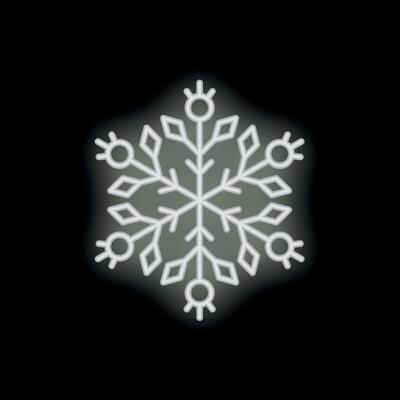 White neon sign showing a snowflake glowing on a black background