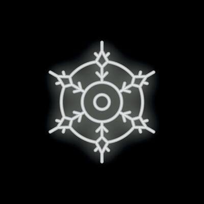 Neon sign representing a snowflake glowing on a black background
