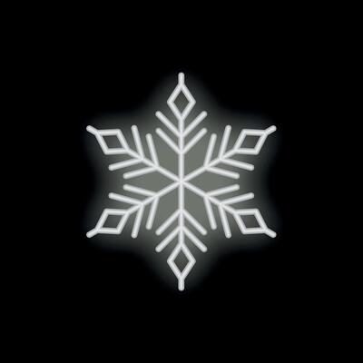 Bright neon sign showing glowing snowflake on black background