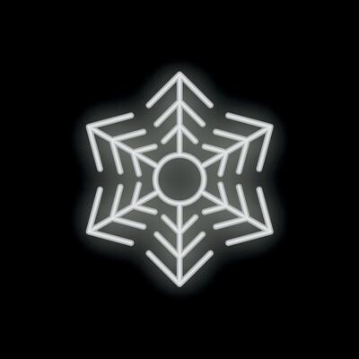 White neon snowflake glowing on a black background