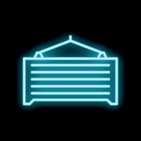 Neon icon of cargo container hanging from crane hook on black background vector