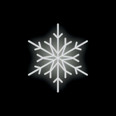 White neon sign glowing snowflake on black background