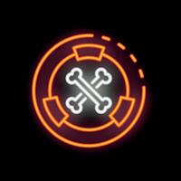 Neon sign showing crossed bones inside a circle on black background vector