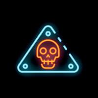 Neon sign showing triangle warning sign with skull symbol on black background vector
