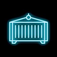 Neon sign of a crane lifting a shipping container on black background vector