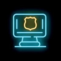 Neon computer screen displaying police badge icon vector
