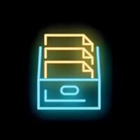 Glowing neon line archive box icon isolated on black background symbolizing file cabinet and document storage vector