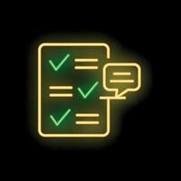 Neon icon of speech bubble discussing completed checklist on black background vector