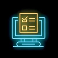 Neon icon of online survey showing checklist on computer screen for voting or exam vector