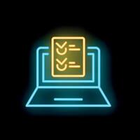 Neon laptop showing checklist for online survey, exam, or project management vector