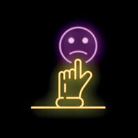 Hand choosing sad face neon style icon on black background vector
