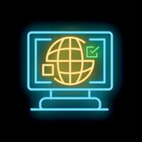 Neon computer screen displaying worldwide shipping icon for e commerce vector