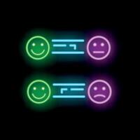 Neon icons showing customer feedback with smiling and sad faces changing from positive to negative and vice versa vector