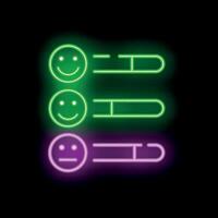Neon sign showing customer satisfaction rating with emojis on black background vector