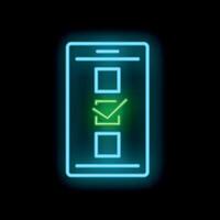 Neon smartphone displaying mobile voting app with green check mark icon vector