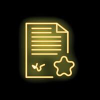 Neon approved document with check mark and star icon on black background vector