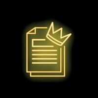 Neon icon of document with crown symbolizing intellectual property vector