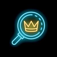 Neon icon of magnifying glass searching for a crown vector
