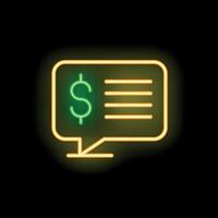 Neon speech bubble showing dollar sign with text lines on dark background vector